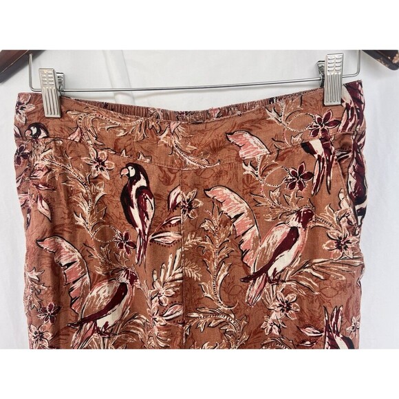 Tahari Linen Pants Women M Bird Floral Tropical Wide Leg Crop Pull On Cottage - Picture 2 of 6